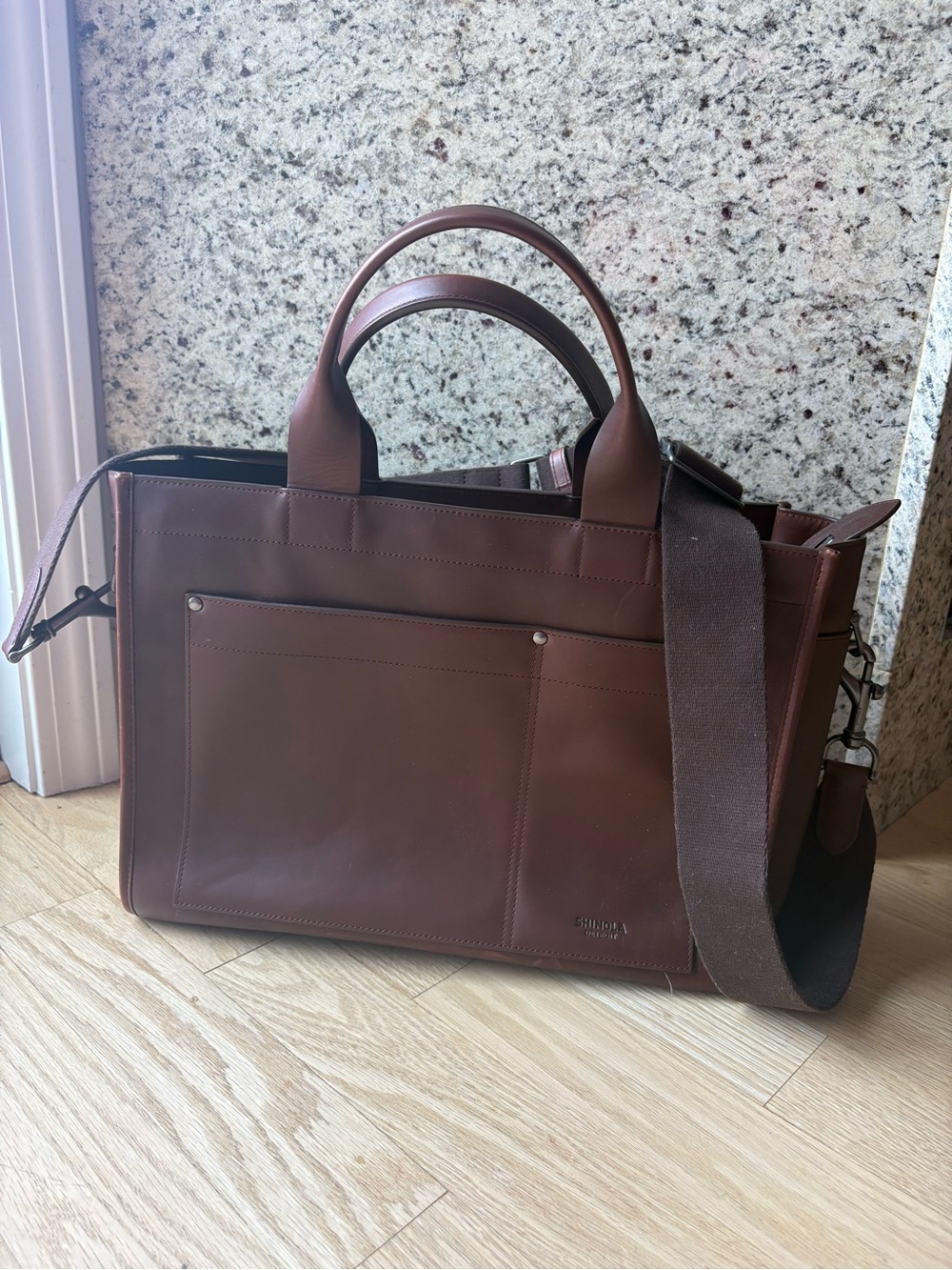 Shinola Brown Leather Satchel with Detachable Strap